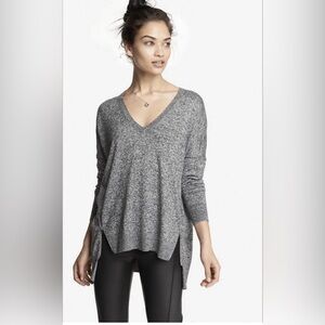 Express Gray White Marbled V Neck Sweater, High Low Hem, Zipper Detail, Medium